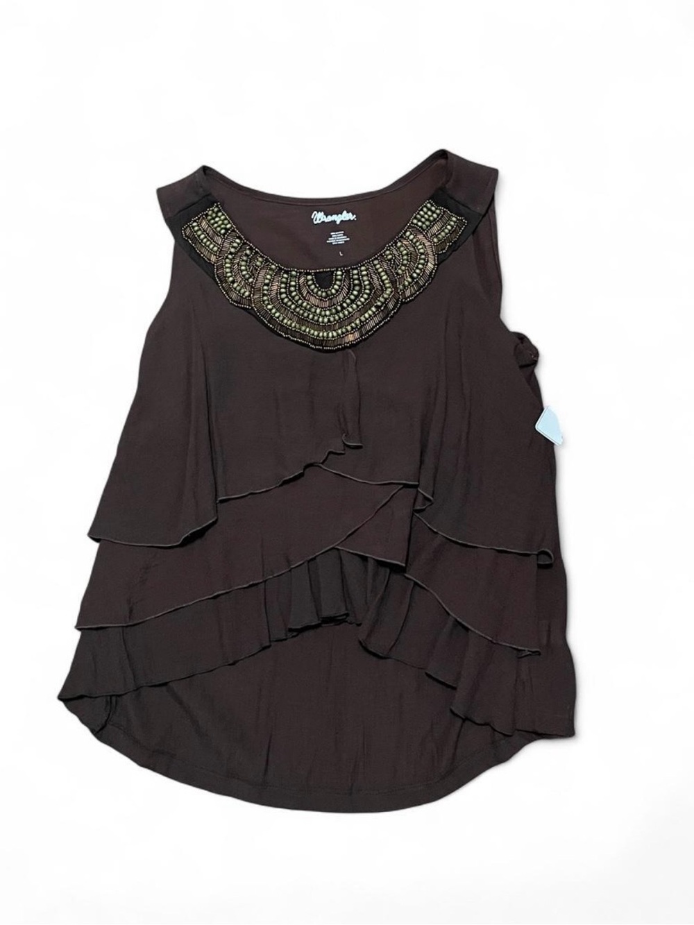 NWT Wrangler Brown Beaded Ruffle Sleeveless Top